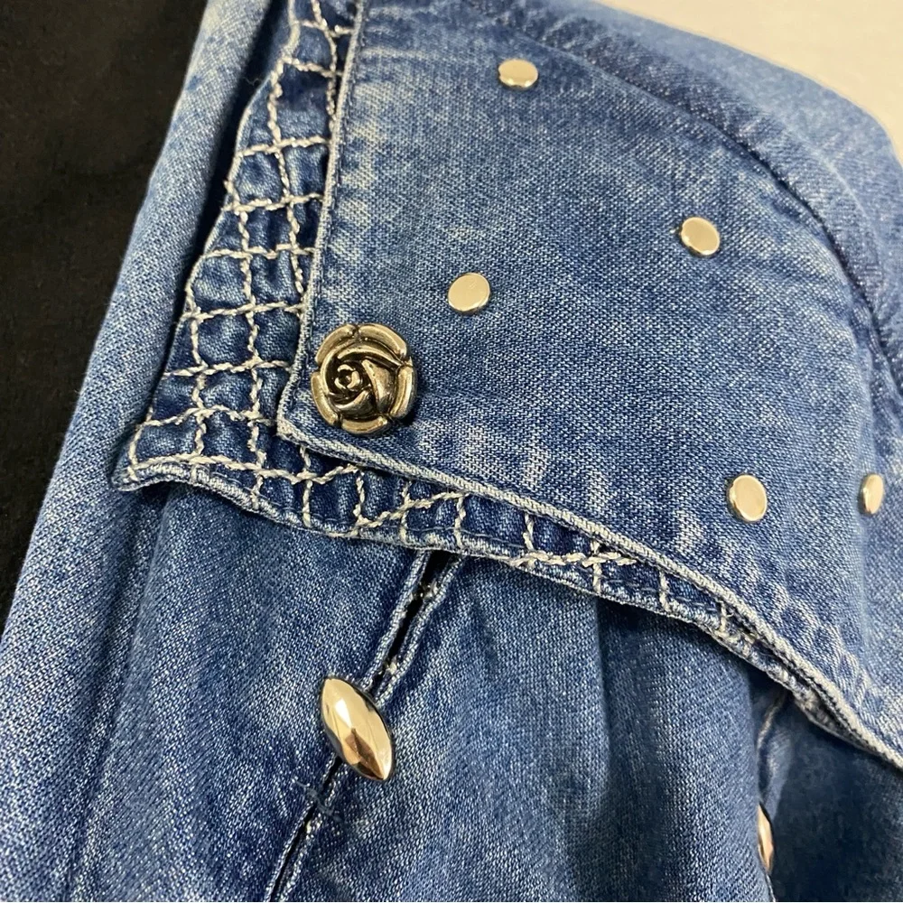 Vintage 80s LA Dawn Cali Open Front Embroidered Denim Jacket, Silver Details - Picture 2 of 6